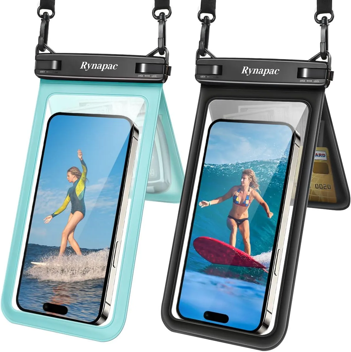 Double Space Waterproof Phone Pouch, 2 Pack Waterproof Phone Case with Lanyard for iPhone 15 Pro Max Galaxy S23 Pixel 7a up to 8.5’’, Cellphone Dry Bag for Beach Vacation (Black Green)