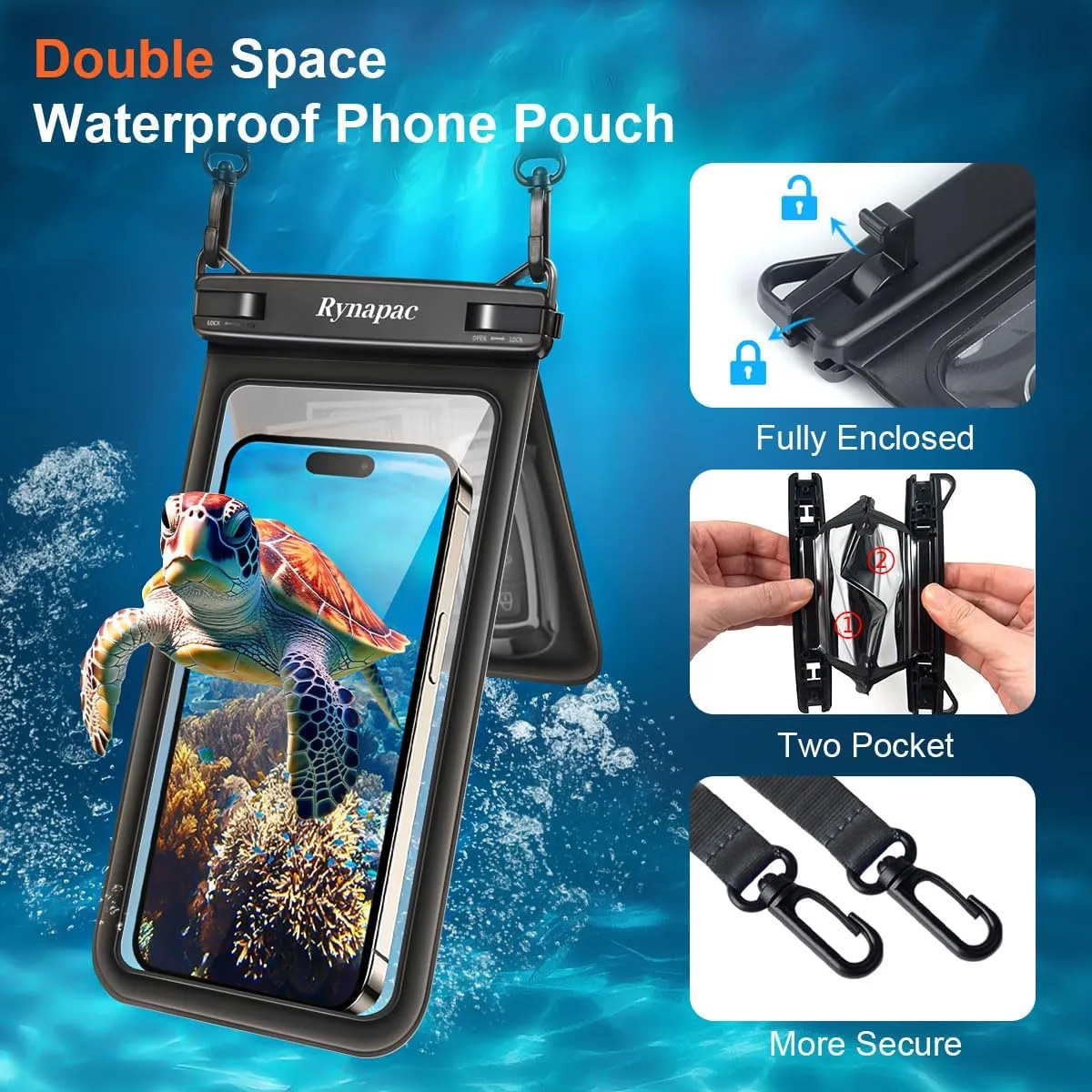Double Space Waterproof Phone Pouch, 2 Pack Waterproof Phone Case with Lanyard for iPhone 15 Pro Max Galaxy S23 Pixel 7a up to 8.5’’, Cellphone Dry Bag for Beach Vacation (Black Green)