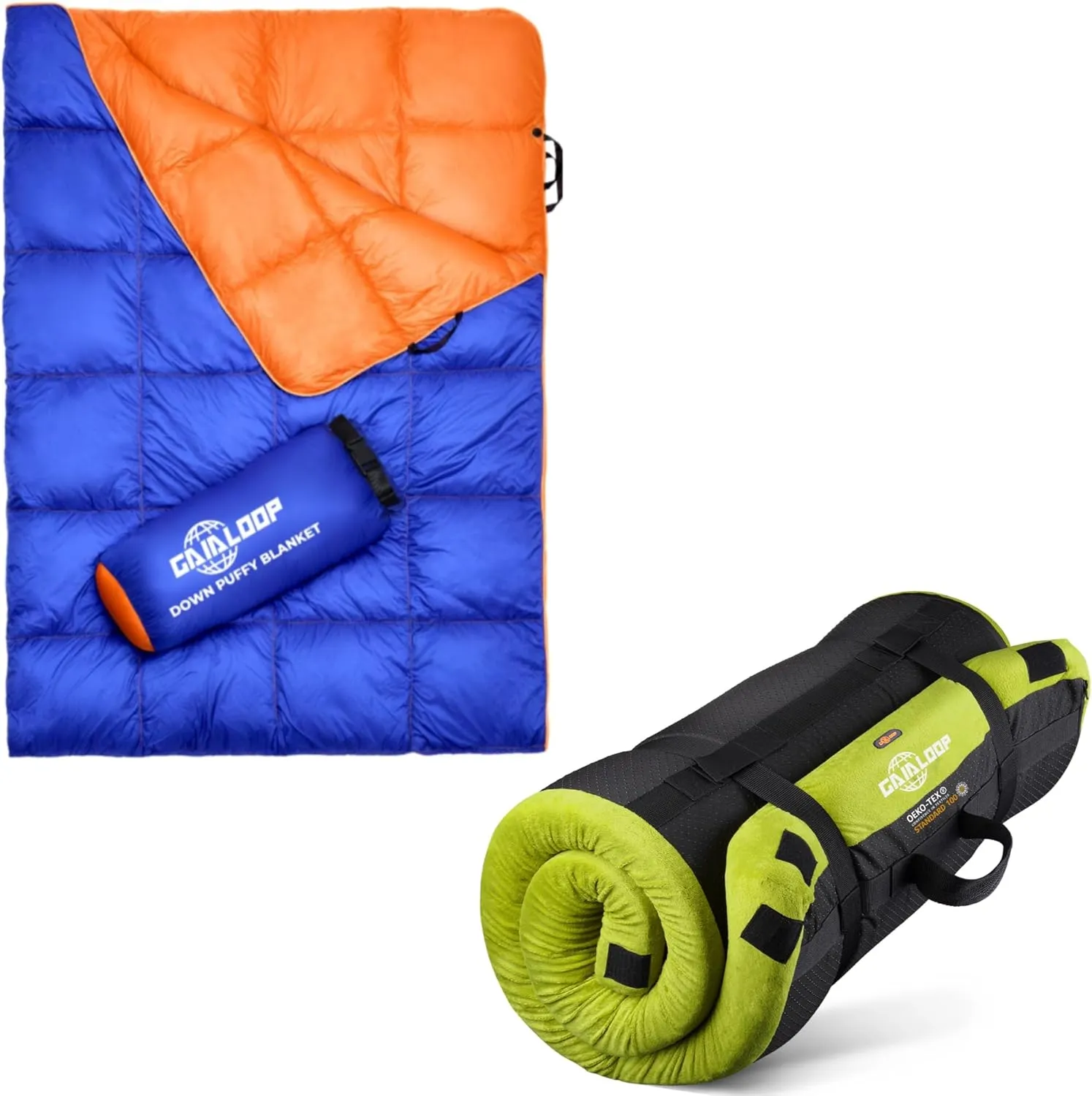 Down Puffy Camping Blanket & Memory Foam Camping Mattress Bundle