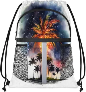 Drawstring Backpack String Bag with Side Pocket Sports Gym Soccer Cinch Sackpack for Women Men Small Beach Workout Storage for Swimming Gear Stars Fire Tree Watercolor Backpack