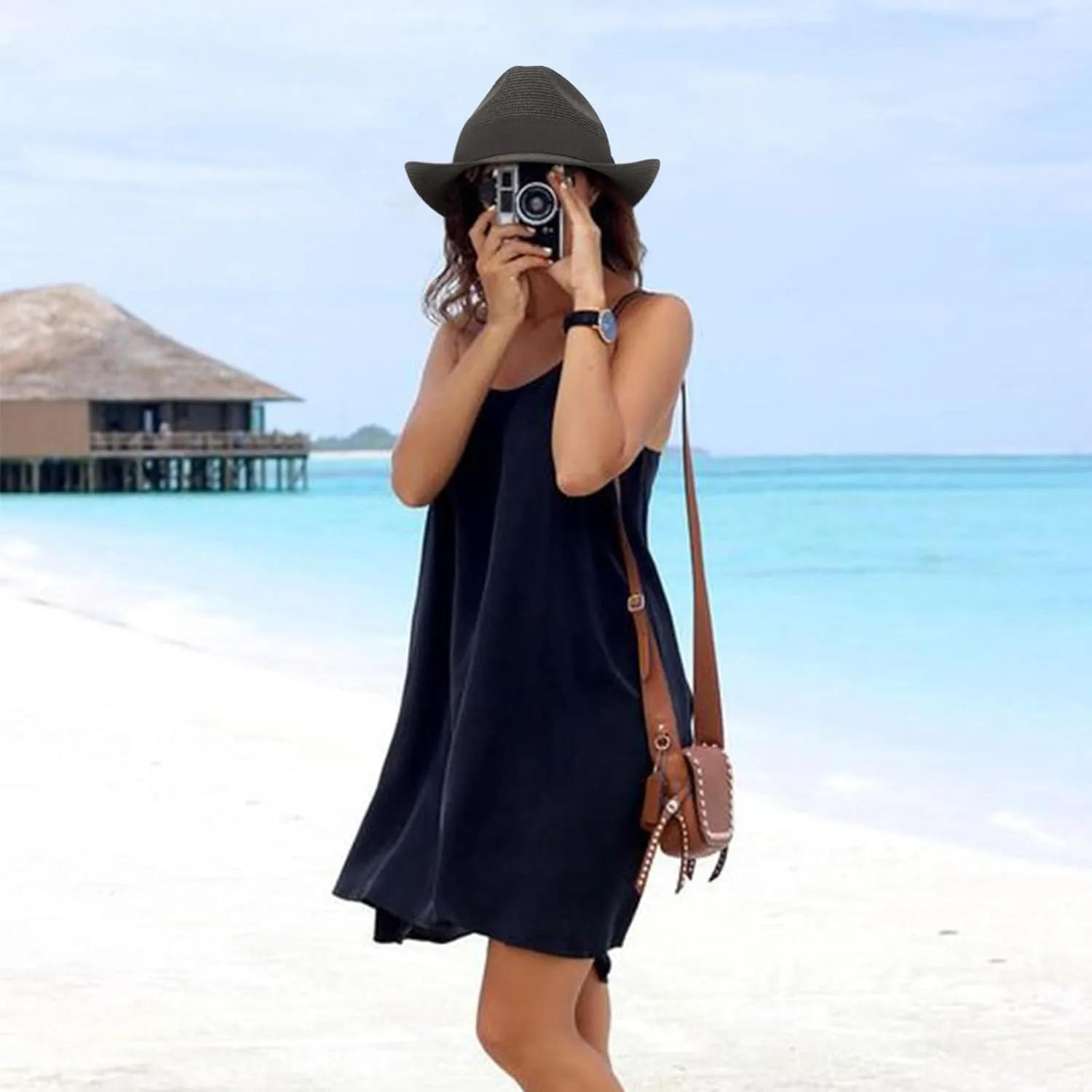 DRESHOW Women Straw Panama Hat Travel Fedora Beach Sun Hat Summer Wide Brim Straw Roll up Hat UPF 50 