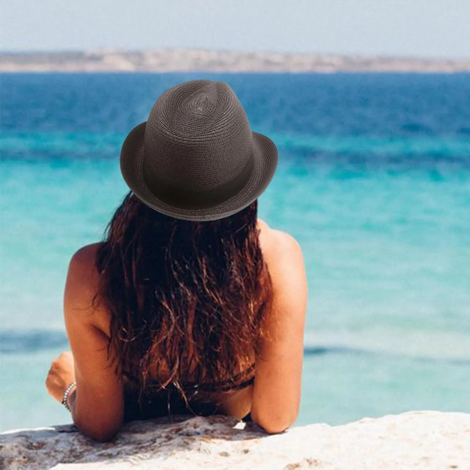 DRESHOW Women Straw Panama Hat Travel Fedora Beach Sun Hat Summer Wide Brim Straw Roll up Hat UPF 50 