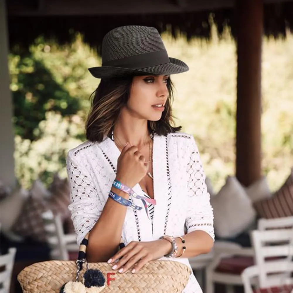 DRESHOW Women Straw Panama Hat Travel Fedora Beach Sun Hat Summer Wide Brim Straw Roll up Hat UPF 50 