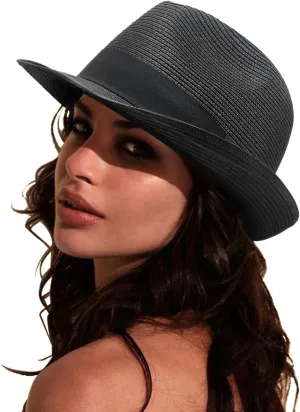 DRESHOW Women Straw Panama Hat Travel Fedora Beach Sun Hat Summer Wide Brim Straw Roll up Hat UPF 50 