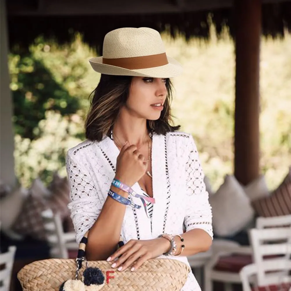 DRESHOW Women Straw Panama Hat Travel Fedora Beach Sun Hat Summer Wide Brim Straw Roll up Hat UPF 50 