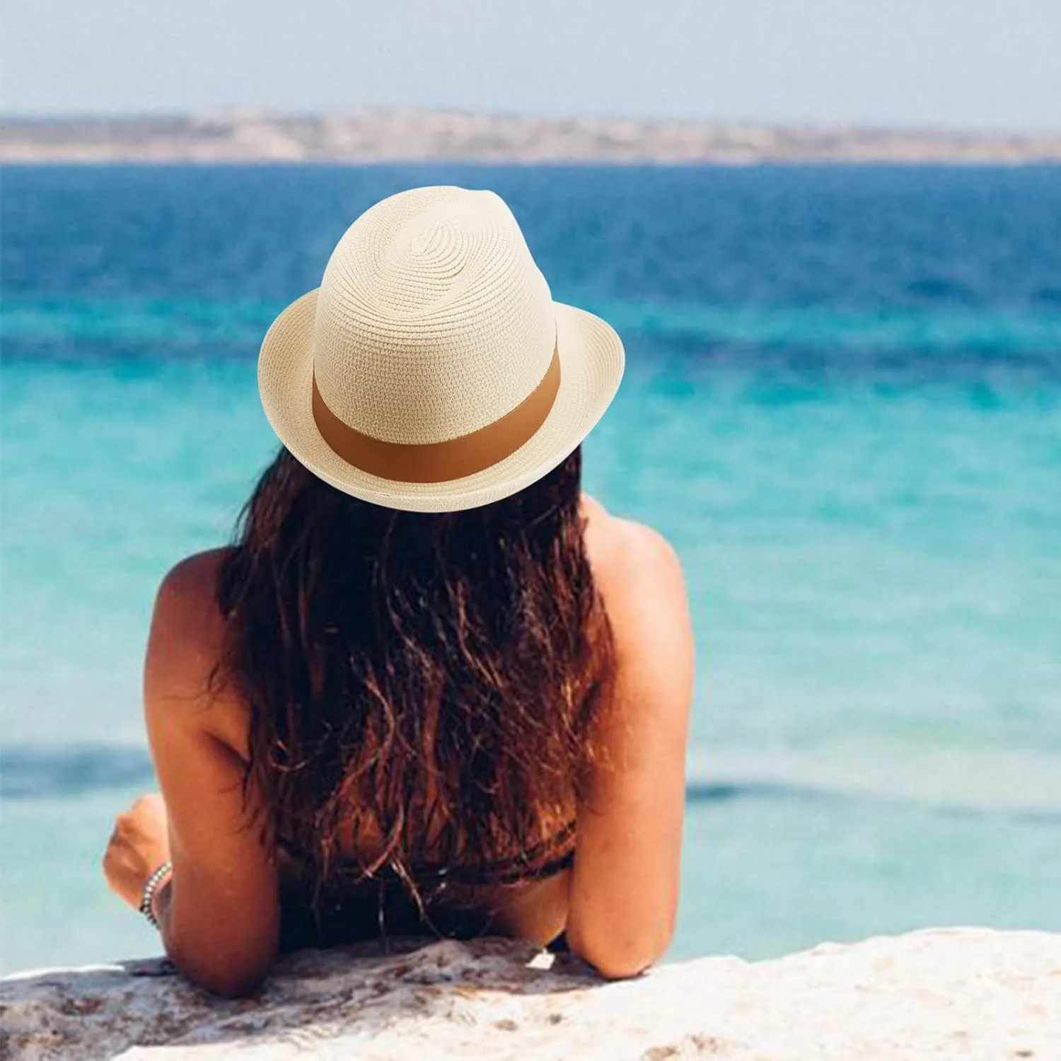 DRESHOW Women Straw Panama Hat Travel Fedora Beach Sun Hat Summer Wide Brim Straw Roll up Hat UPF 50 