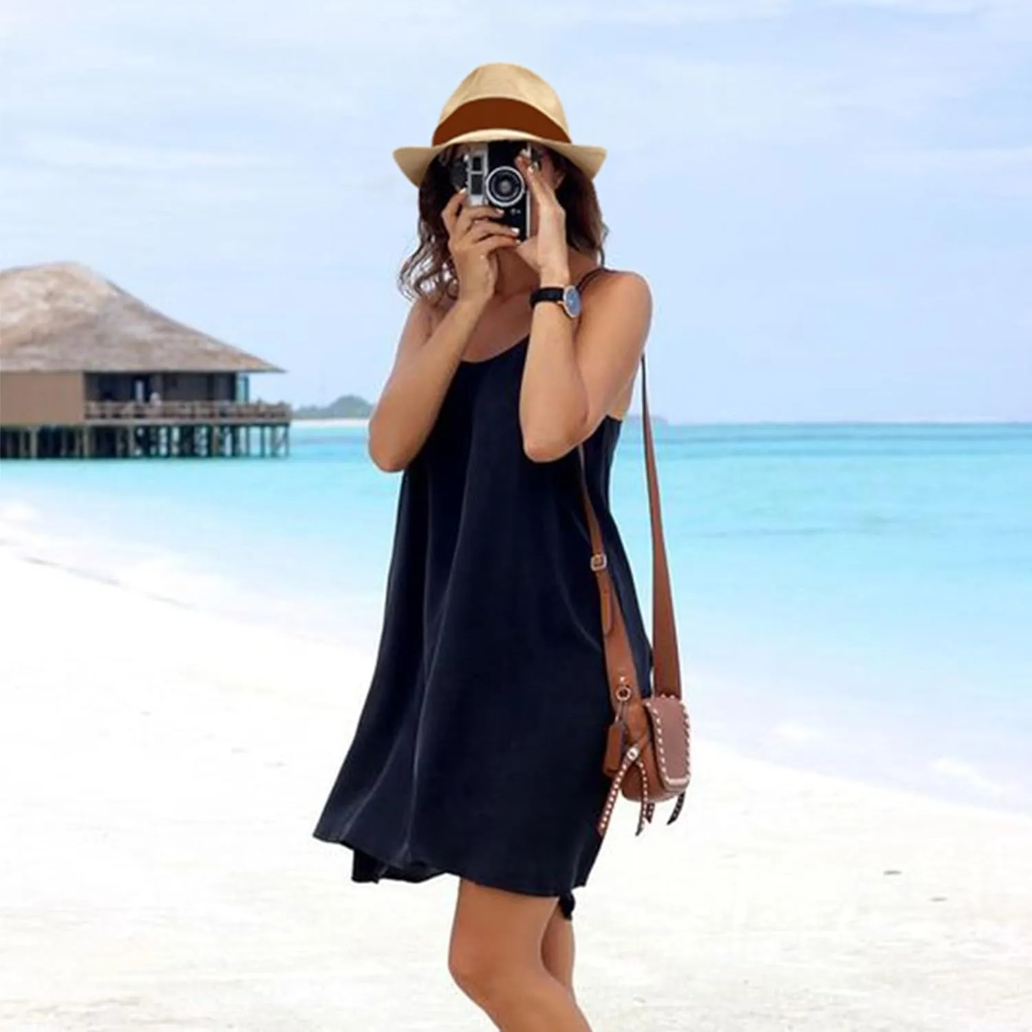 DRESHOW Women Straw Panama Hat Travel Fedora Beach Sun Hat Summer Wide Brim Straw Roll up Hat UPF 50 