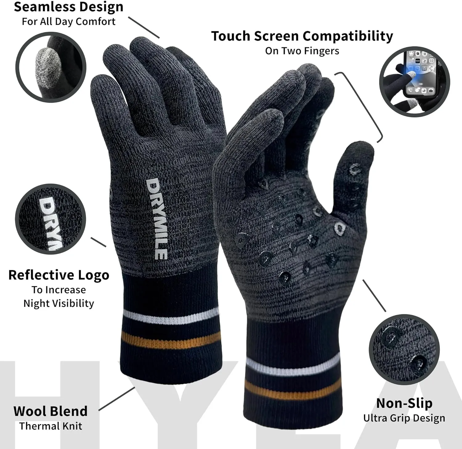 DRYMILE Hyla Waterproof Gloves - Warm Touchscreen Winter Snow Wool Blend Hand Gloves for Men & Women - Work, Hiking, Skiing, Running, Biking, Riding Glove, Ideal for Cold Weather