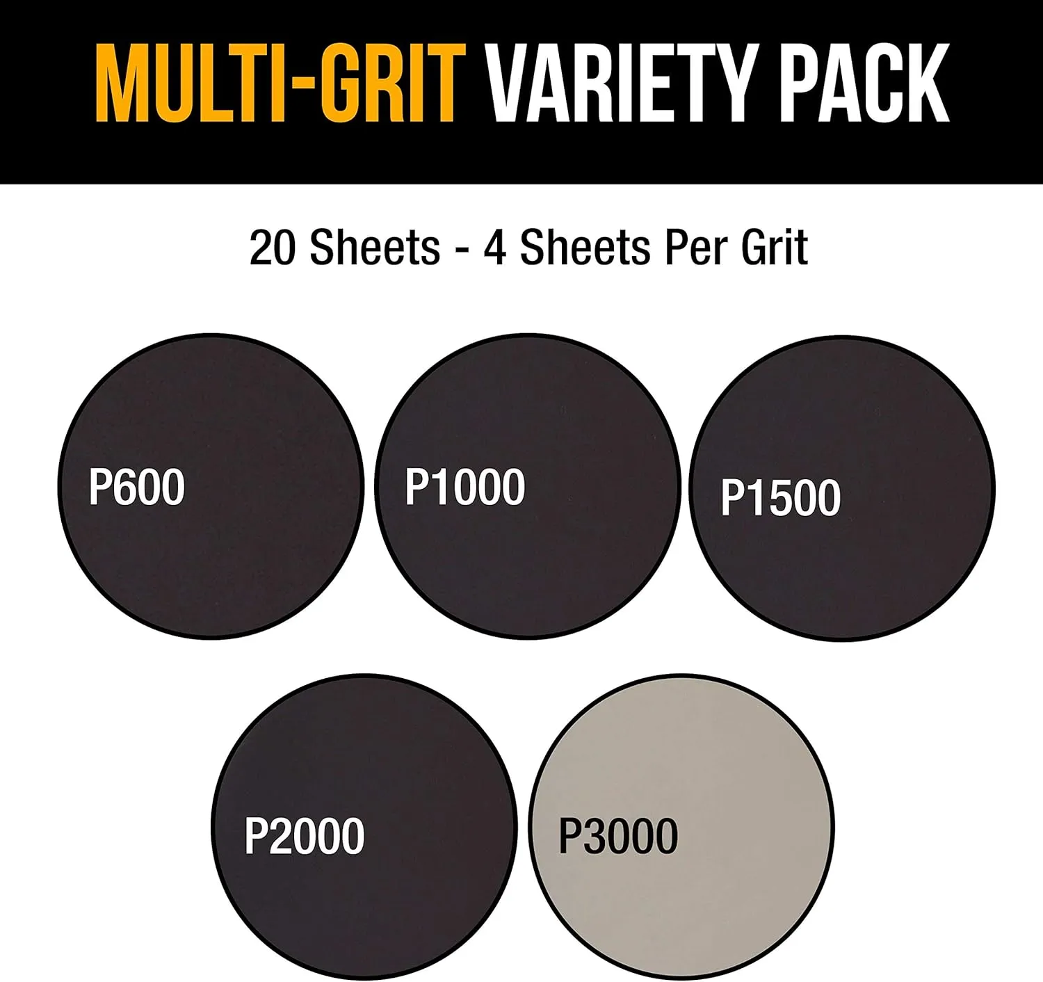 Dura-Gold Premium 6" Wet or Dry Sandpaper Disc Variety Pack - Grits 600, 1000, 1500, 2000, 3000 (4 Each, 20 Pcs) Hook & Loop Backing - Color Sanding Polishing, Automotive Woodworking DA Orbital Sander