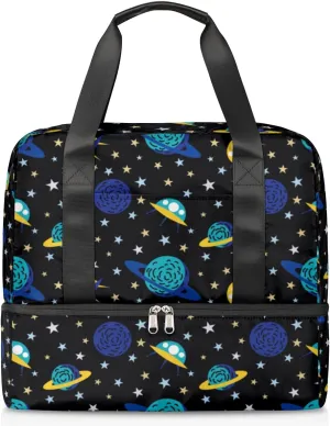 Earth And Spacecraft Travel Bag Double Tier Zip Closure Weekender Bag with Leather Handle Waterproof Sports Tote Gym Bag for Swim Beach Gym Yoga