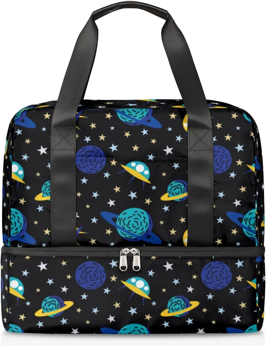 Earth And Spacecraft Travel Bag Double Tier Zip Closure Weekender Bag with Leather Handle Waterproof Sports Tote Gym Bag for Swim Beach Gym Yoga