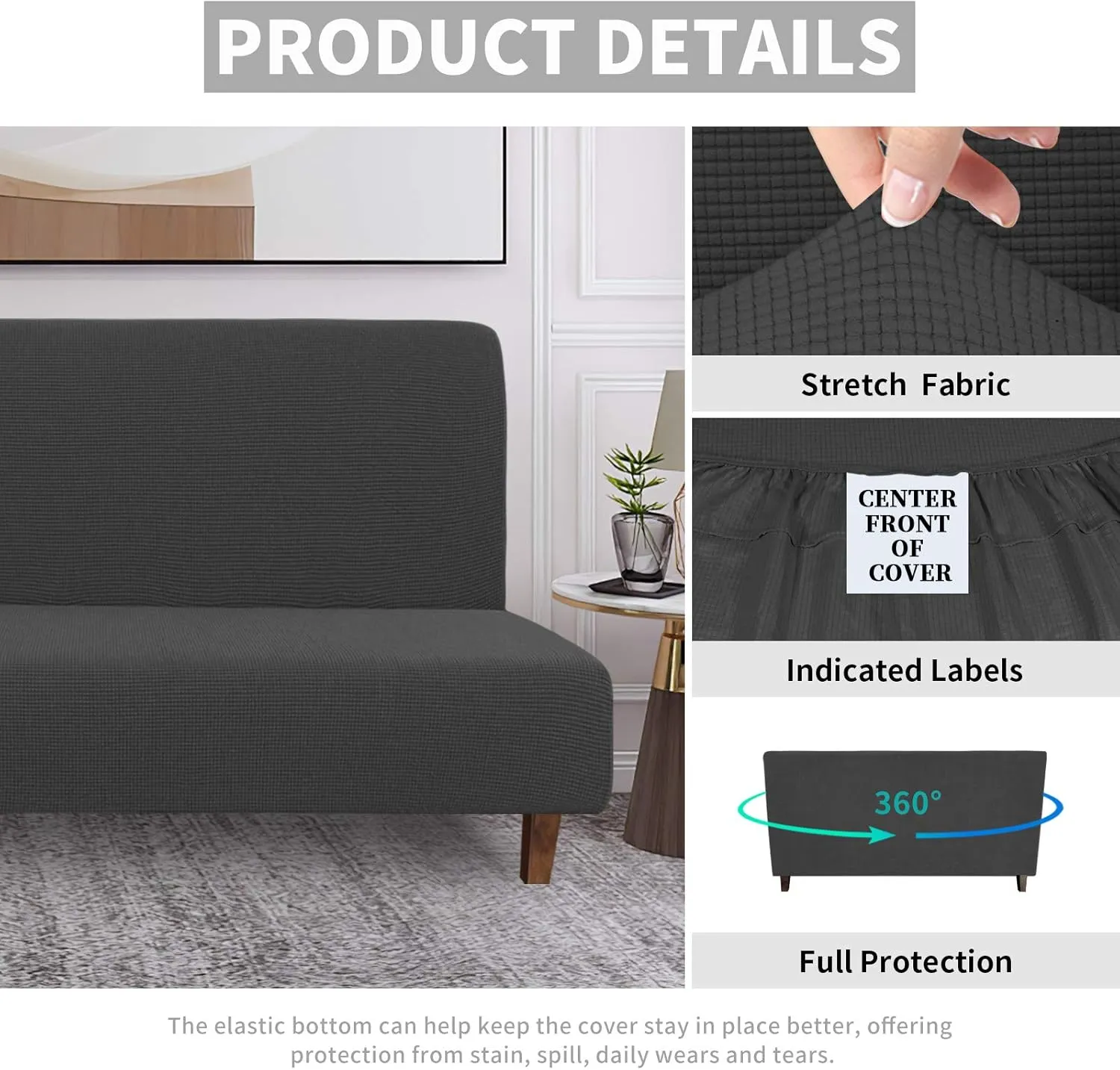 Easy-Going 100% Waterproof Armless Sofa Cover for Futon Couch, Stretch Jacquard Leakproof Furniture Protector for Kids, Pets, Dog and Cat (Dark Gray)