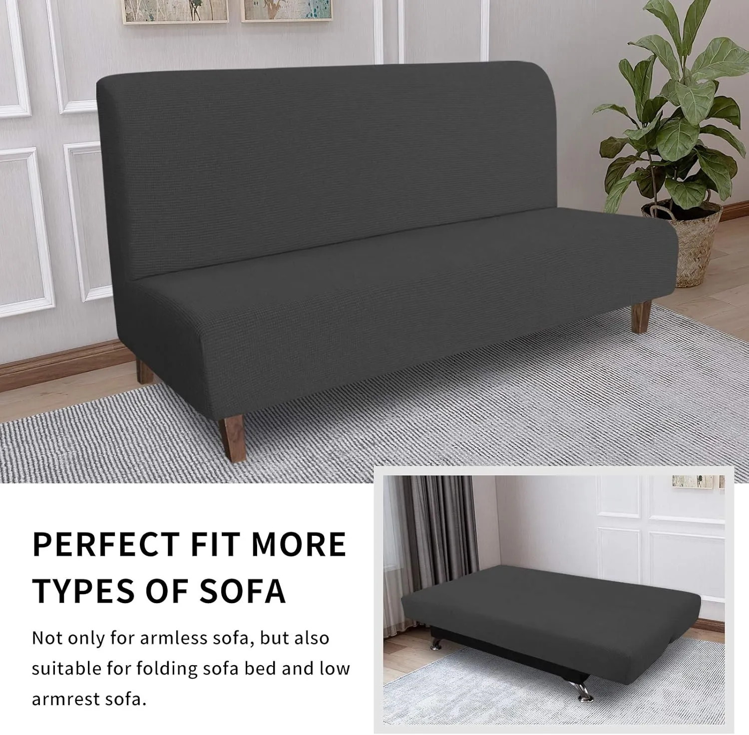 Easy-Going 100% Waterproof Armless Sofa Cover for Futon Couch, Stretch Jacquard Leakproof Furniture Protector for Kids, Pets, Dog and Cat (Dark Gray)