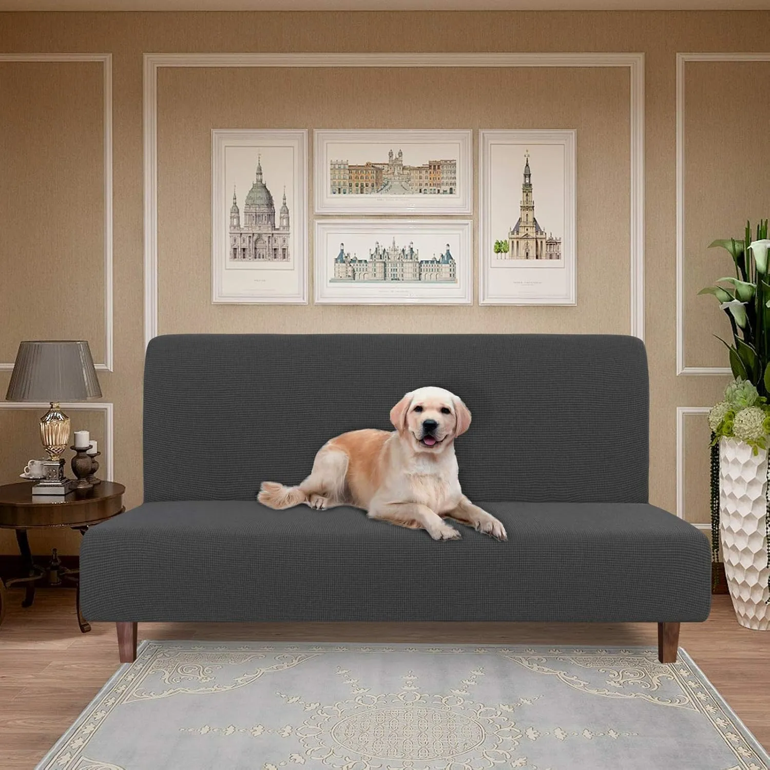 Easy-Going 100% Waterproof Armless Sofa Cover for Futon Couch, Stretch Jacquard Leakproof Furniture Protector for Kids, Pets, Dog and Cat (Dark Gray)