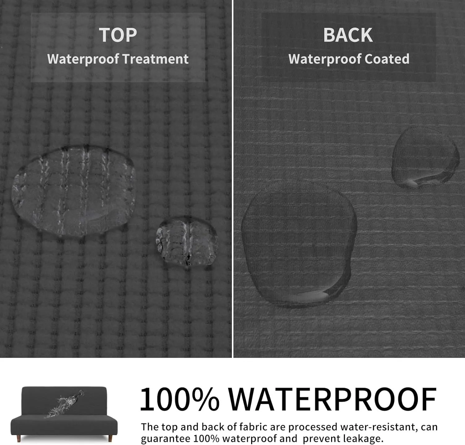 Easy-Going 100% Waterproof Armless Sofa Cover for Futon Couch, Stretch Jacquard Leakproof Furniture Protector for Kids, Pets, Dog and Cat (Dark Gray)
