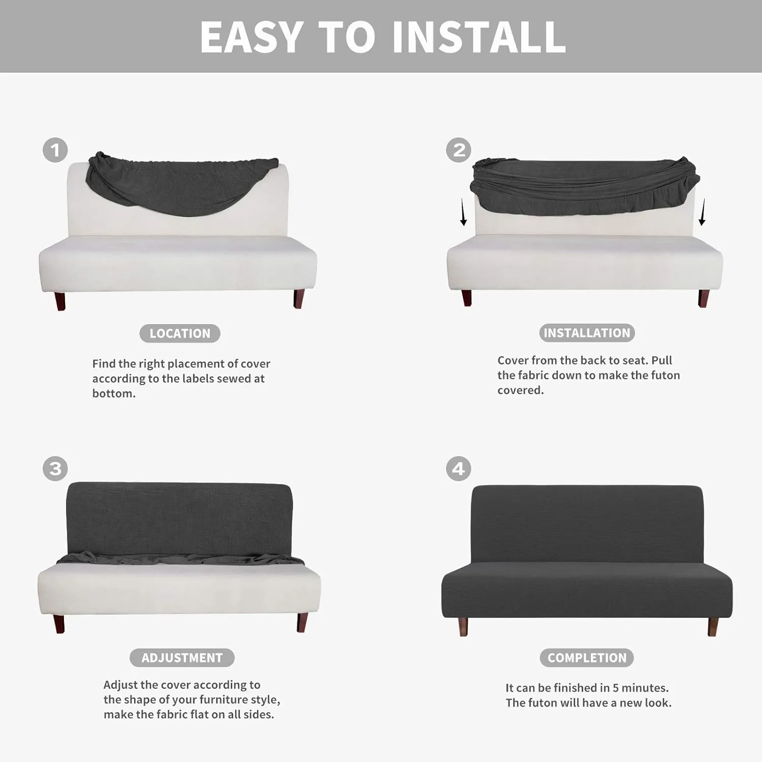 Easy-Going 100% Waterproof Armless Sofa Cover for Futon Couch, Stretch Jacquard Leakproof Furniture Protector for Kids, Pets, Dog and Cat (Dark Gray)