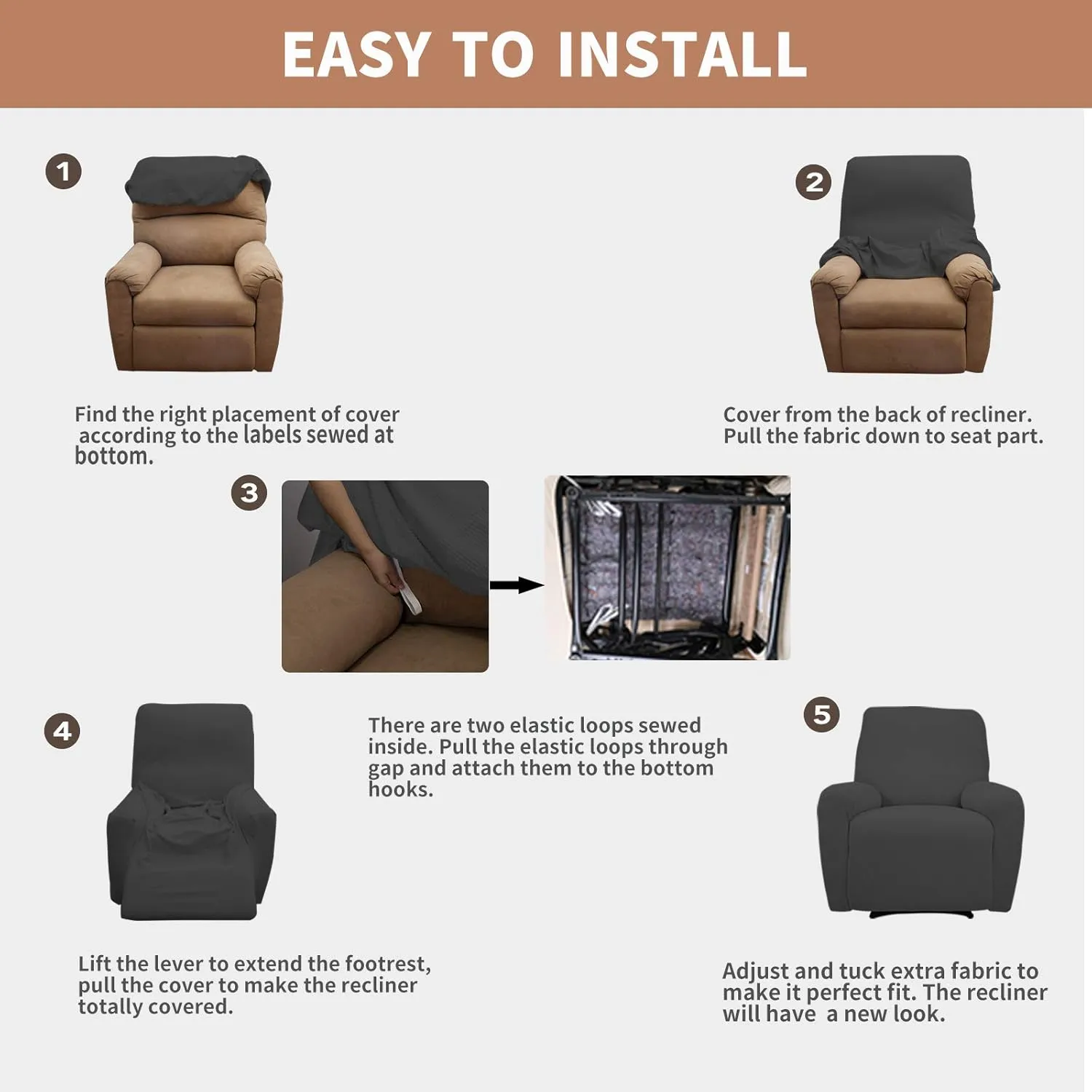 Easy-Going 100% Waterproof Recliner Cover, Dual Waterproof Couch Cover for Recliner, 1- Piece Jacquard Sofa Cover, Leakproof Sofa Slipcover for Kids, Pets, Dog and Cat (Recliner, Dark Gray) 1 Seat