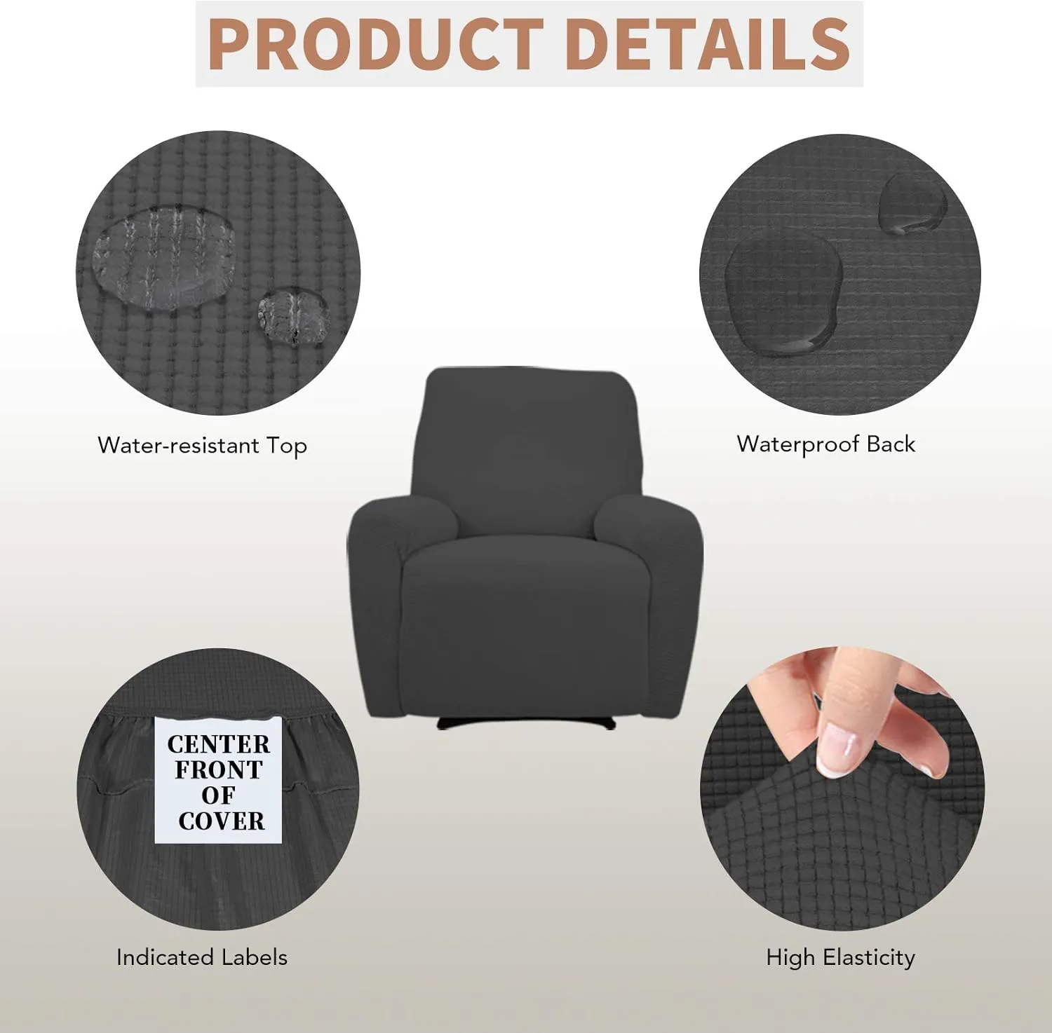 Easy-Going 100% Waterproof Recliner Cover, Dual Waterproof Couch Cover for Recliner, 1- Piece Jacquard Sofa Cover, Leakproof Sofa Slipcover for Kids, Pets, Dog and Cat (Recliner, Dark Gray) 1 Seat