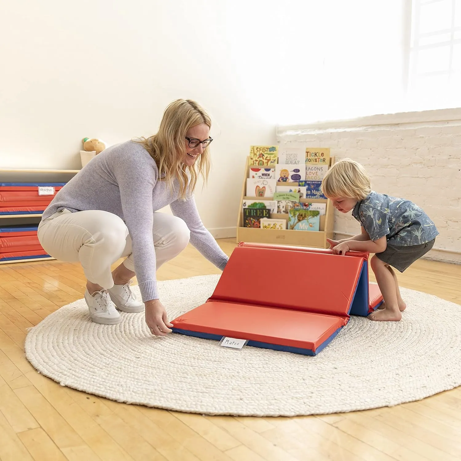 ECR4Kids Premium Folding Rest Mat, 4-Section, 2in, Sleeping Pad, Blue/Red, 1-Piece