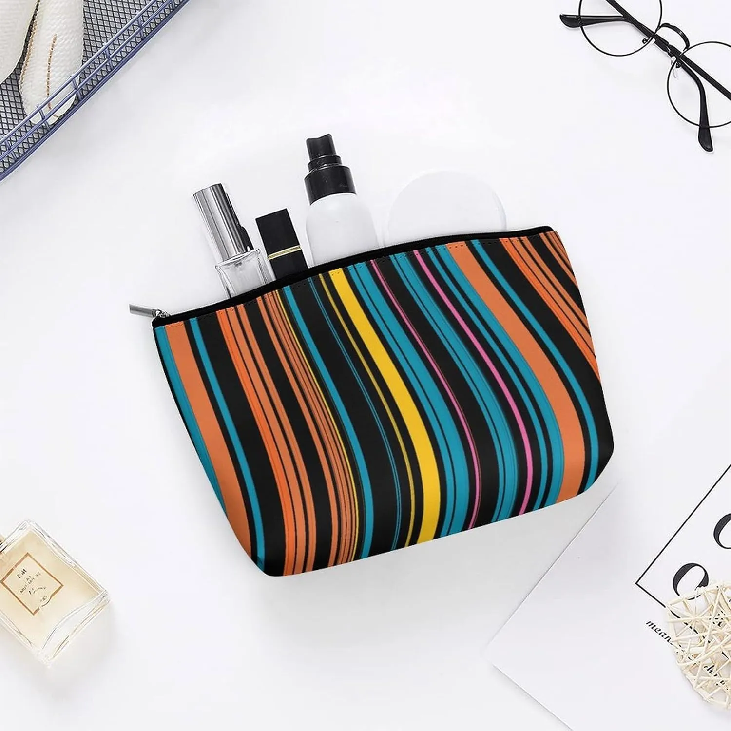 Elegant Makeup Bag, Cute Black Blue Stripes Cosmetic Bag Large Capacity Pouch Portable Organizer for Men & Women