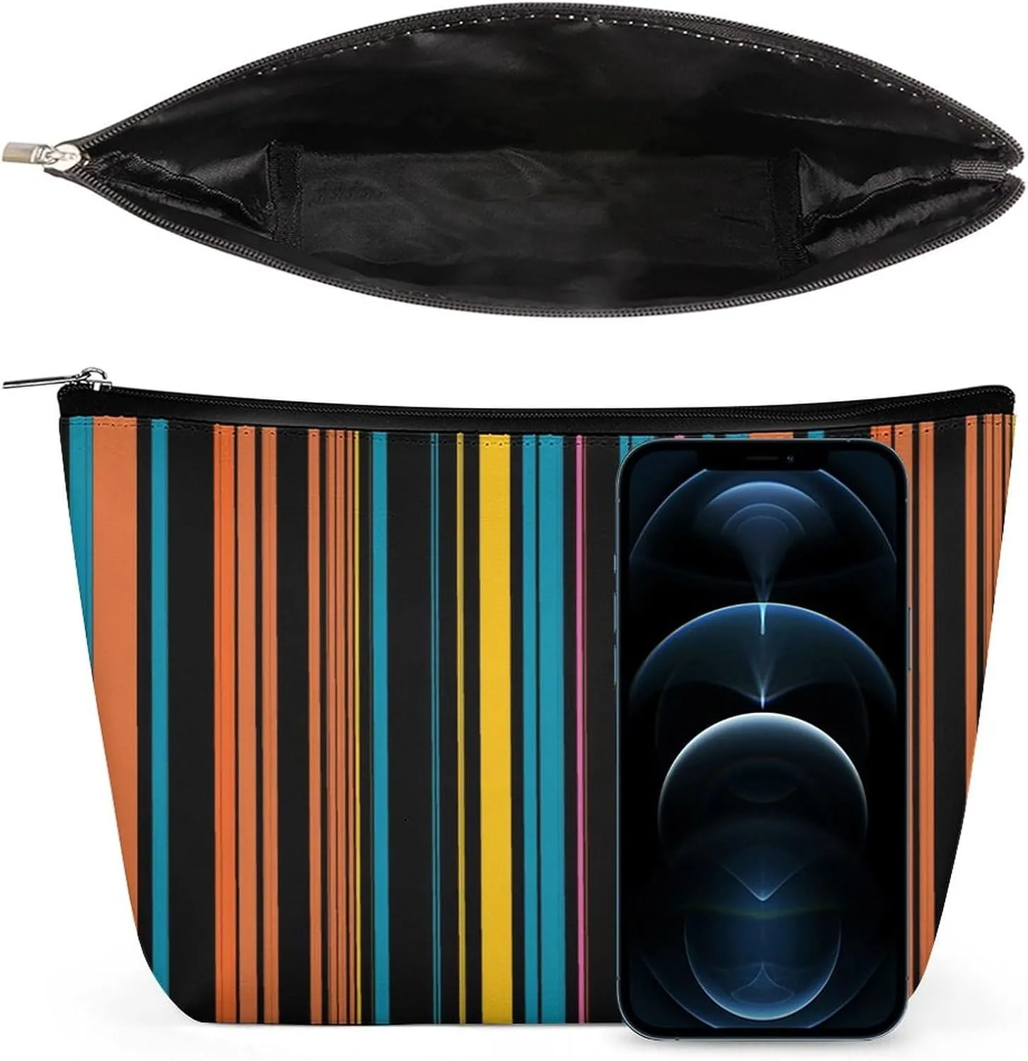 Elegant Makeup Bag, Cute Black Blue Stripes Cosmetic Bag Large Capacity Pouch Portable Organizer for Men & Women
