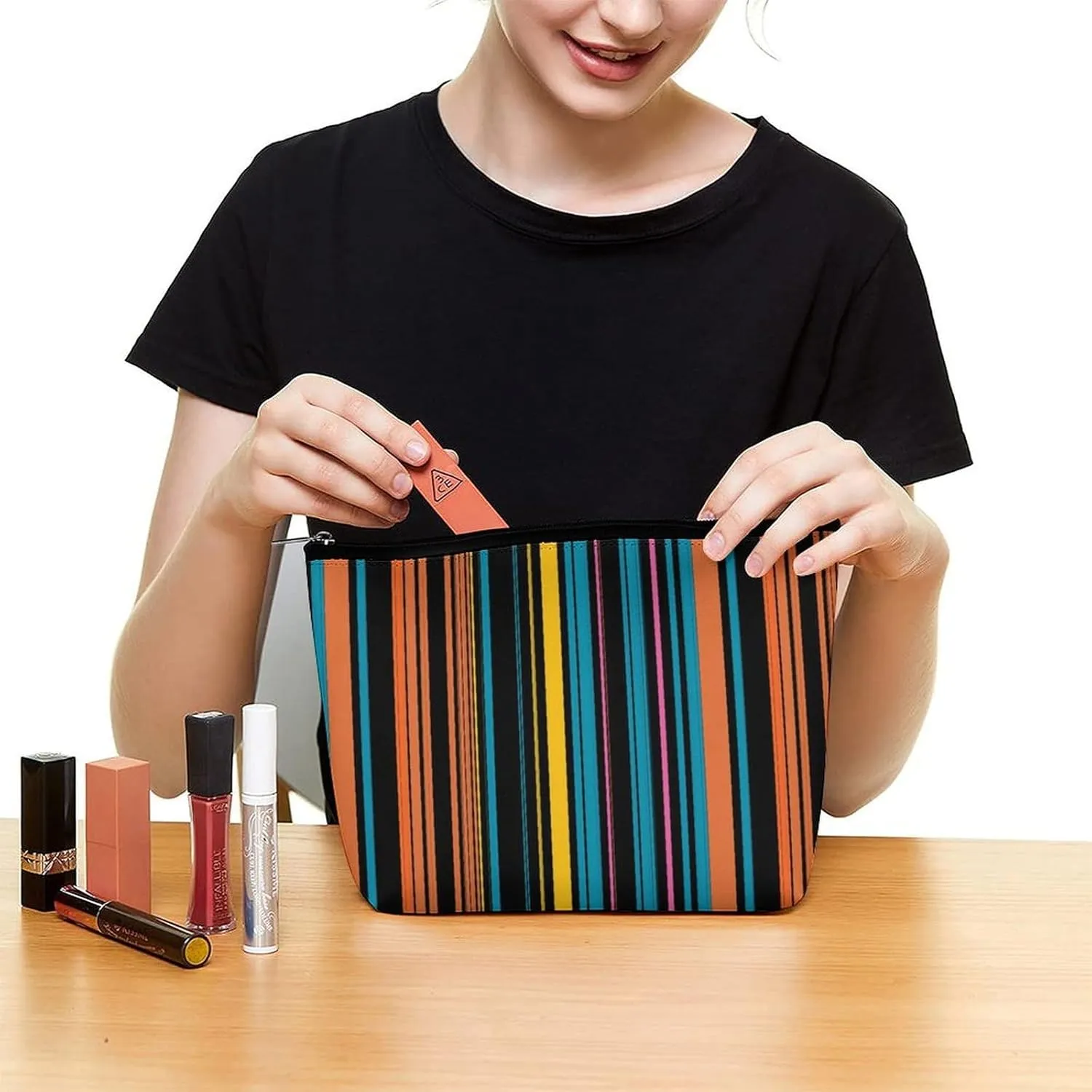 Elegant Makeup Bag, Cute Black Blue Stripes Cosmetic Bag Large Capacity Pouch Portable Organizer for Men & Women
