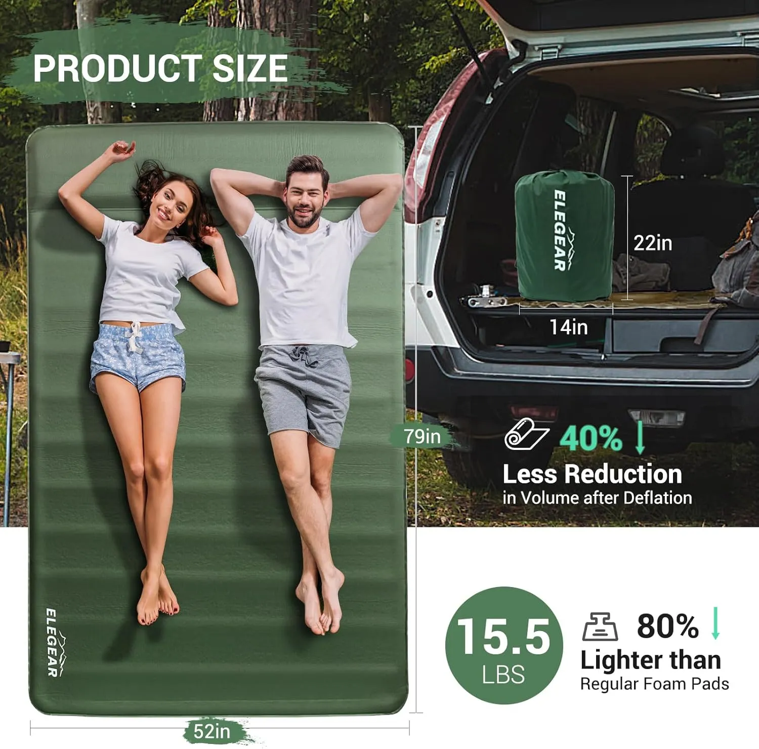 Elegear Air & Foam Self Inflating Sleeping Pad, Built-in Electric Pump 4" Ultra-Thick Memory Foam Camping Mattress with Pillow Double Camping Pad 4-Season R-value 9.5 Camp Mat for Car/Traveling - Full