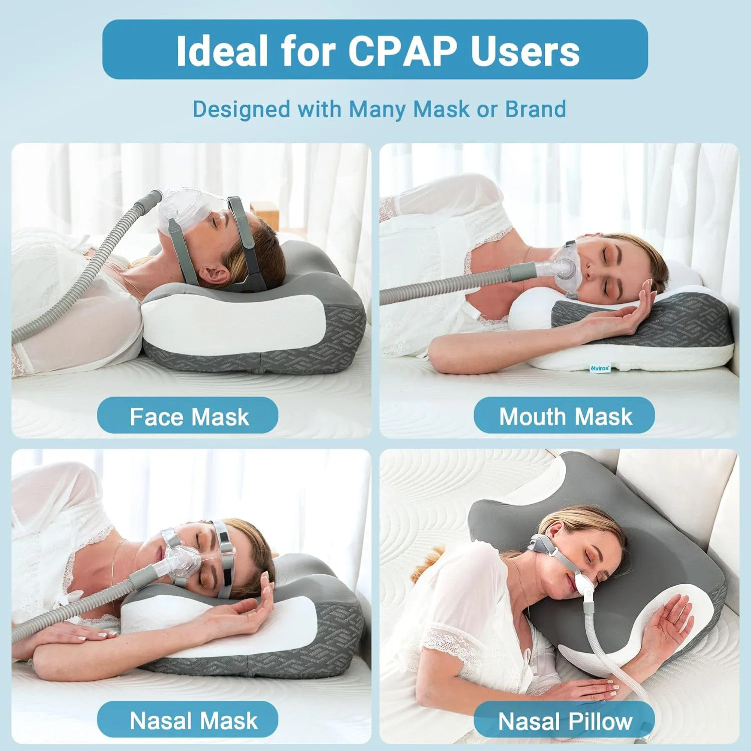 Elviros Cervical Neck Pillow for Neck Pain Relief, CPAP Pillow for Side, Back & Stomach Sleepers, Ergonomic Orthopedic Pillow for CPAP Users to Reduce Air Leaks and Mask Pressure, Dark Grey