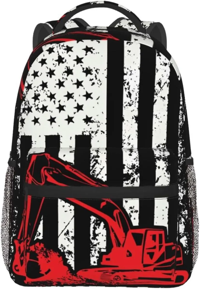 Excavator American Flag Backpack Lightweight Laptop Backpack Casual Daypack Travel Double Shoulder Bag For Women Men