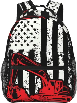 Excavator American Flag Backpack Lightweight Laptop Backpack Casual Daypack Travel Double Shoulder Bag For Women Men