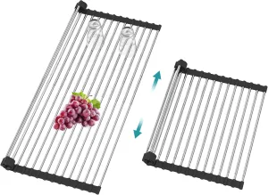 Extra Large Expandable Roll Up Dish Drying Rack,Over The Sink Drying Rack Sink Cover Kitchen Sink Accessories Kitchen Rolling up Stainless Steel Drainer, Foldable,Rollable（Black，25.1''-12.4''）