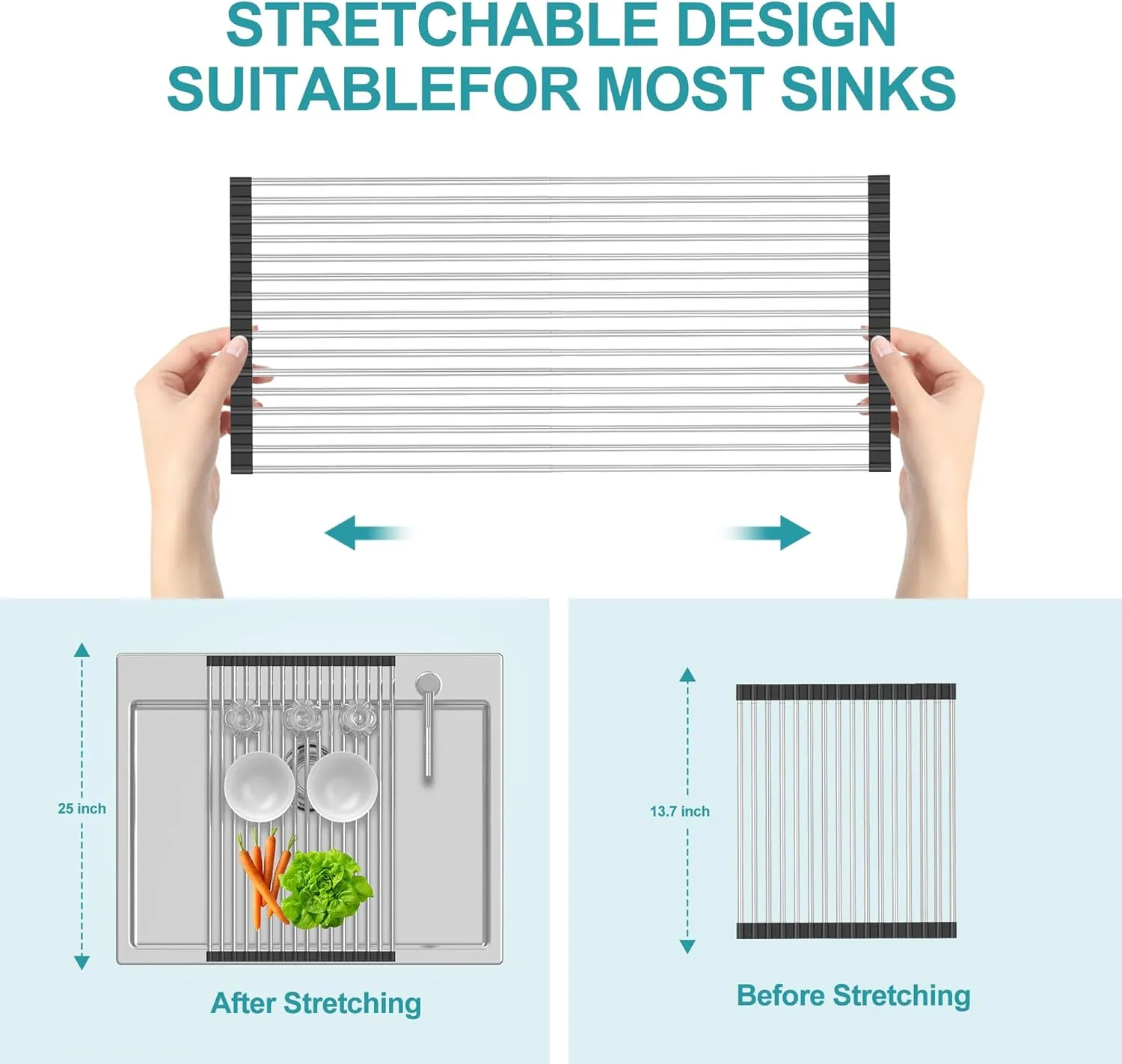 Extra Large Expandable Roll Up Dish Drying Rack,Over The Sink Drying Rack Sink Cover Kitchen Sink Accessories Kitchen Rolling up Stainless Steel Drainer, Foldable,Rollable（Black，25.1''-12.4''）