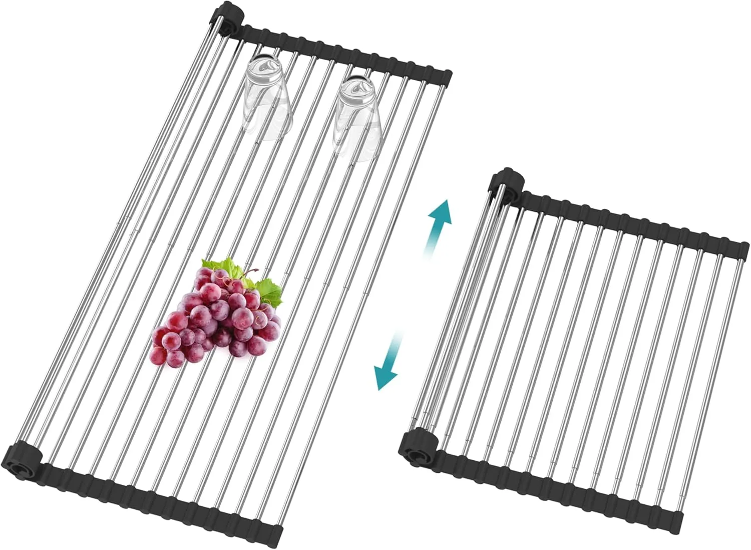 Extra Large Expandable Roll Up Dish Drying Rack,Over The Sink Drying Rack Sink Cover Kitchen Sink Accessories Kitchen Rolling up Stainless Steel Drainer, Foldable,Rollable（Black，25.1''-12.4''）