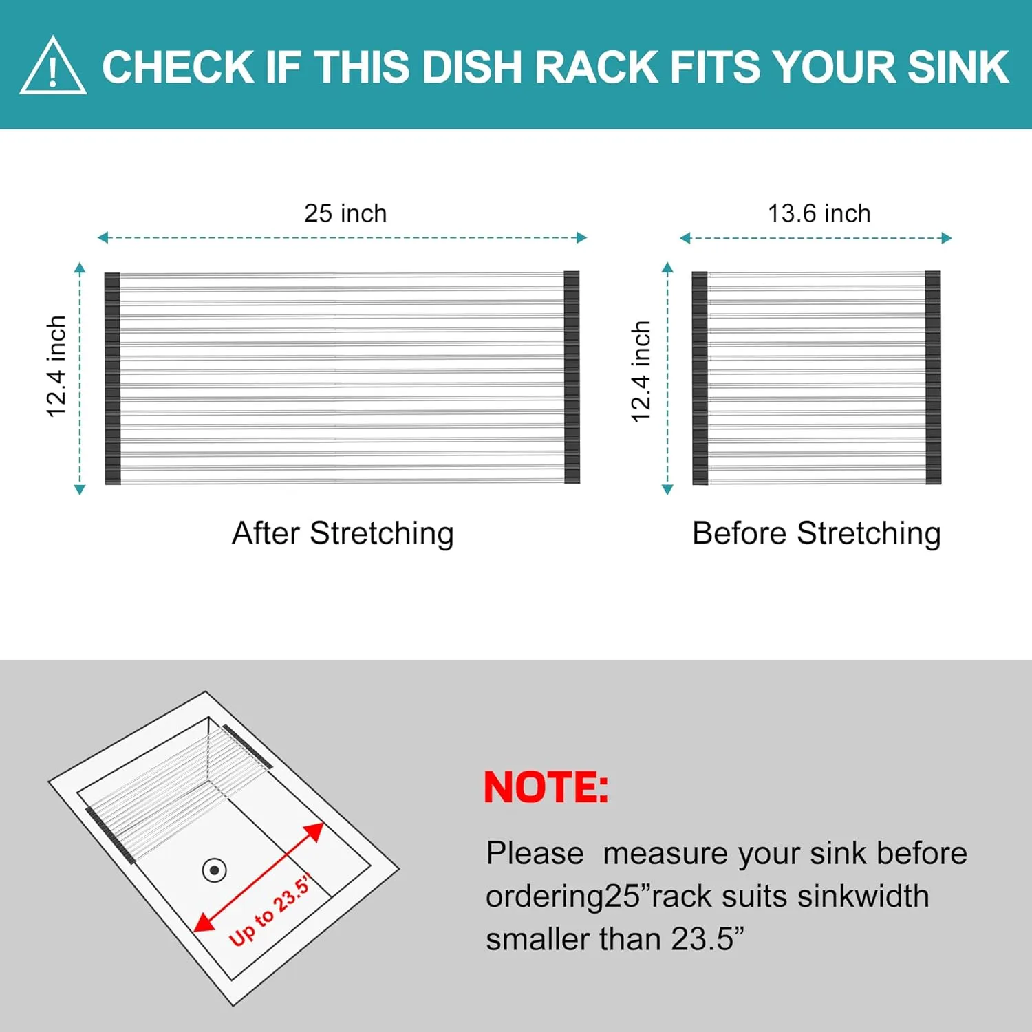 Extra Large Expandable Roll Up Dish Drying Rack,Over The Sink Drying Rack Sink Cover Kitchen Sink Accessories Kitchen Rolling up Stainless Steel Drainer, Foldable,Rollable（Black，25.1''-12.4''）