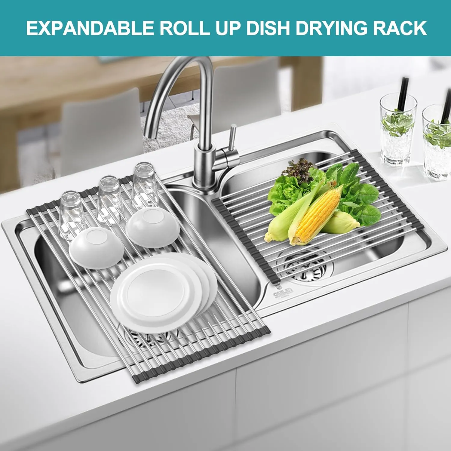 Extra Large Expandable Roll Up Dish Drying Rack,Over The Sink Drying Rack Sink Cover Kitchen Sink Accessories Kitchen Rolling up Stainless Steel Drainer, Foldable,Rollable（Black，25.1''-12.4''）
