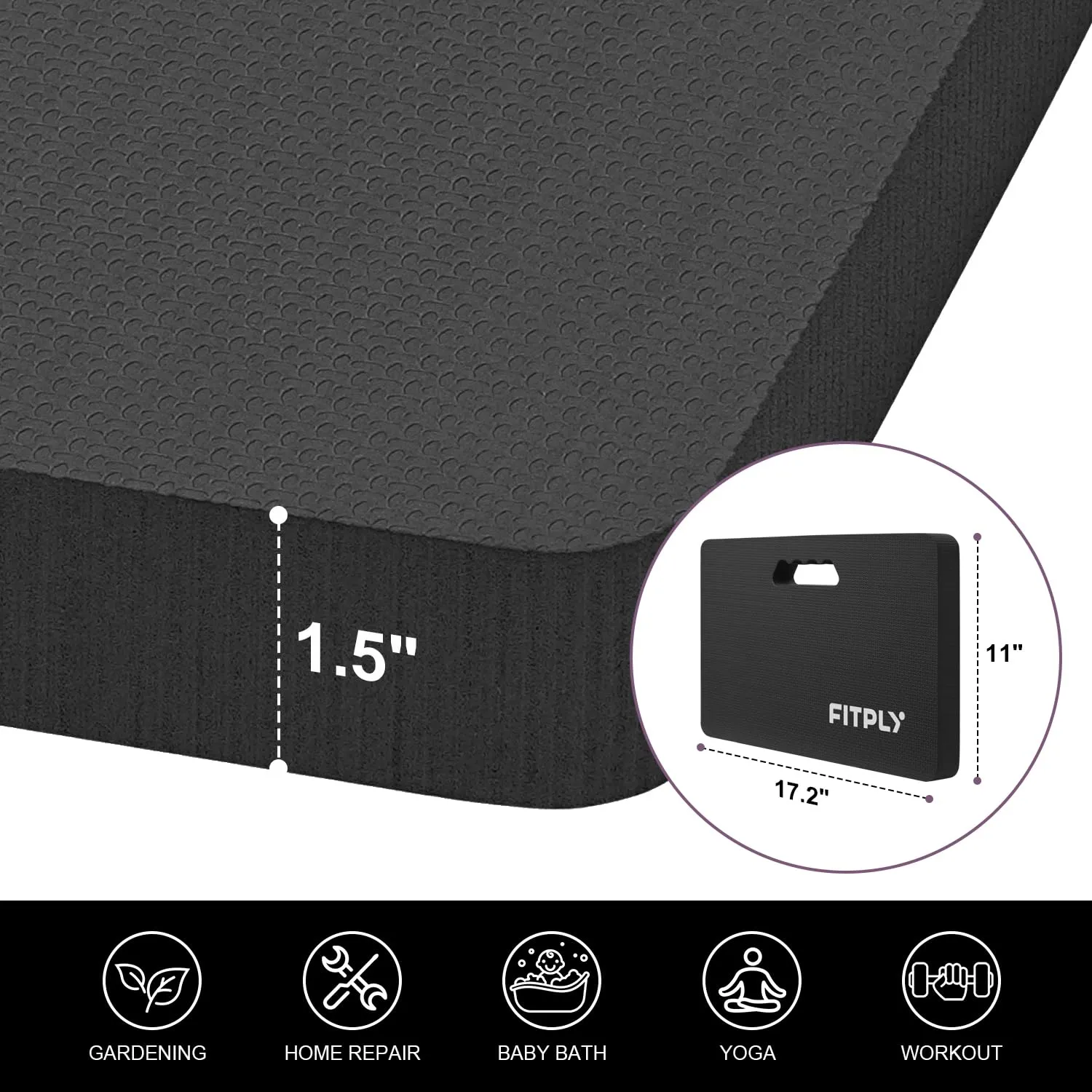 Extra Thick Garden Kneeling Pad - Foam Kneeling Pads for Gardening, Work & Exercise - Water-Resistant Knee Mat with Shock Absorbent Cushions for Baby Bath & Yoga, 17.2x11x1.5in, Black