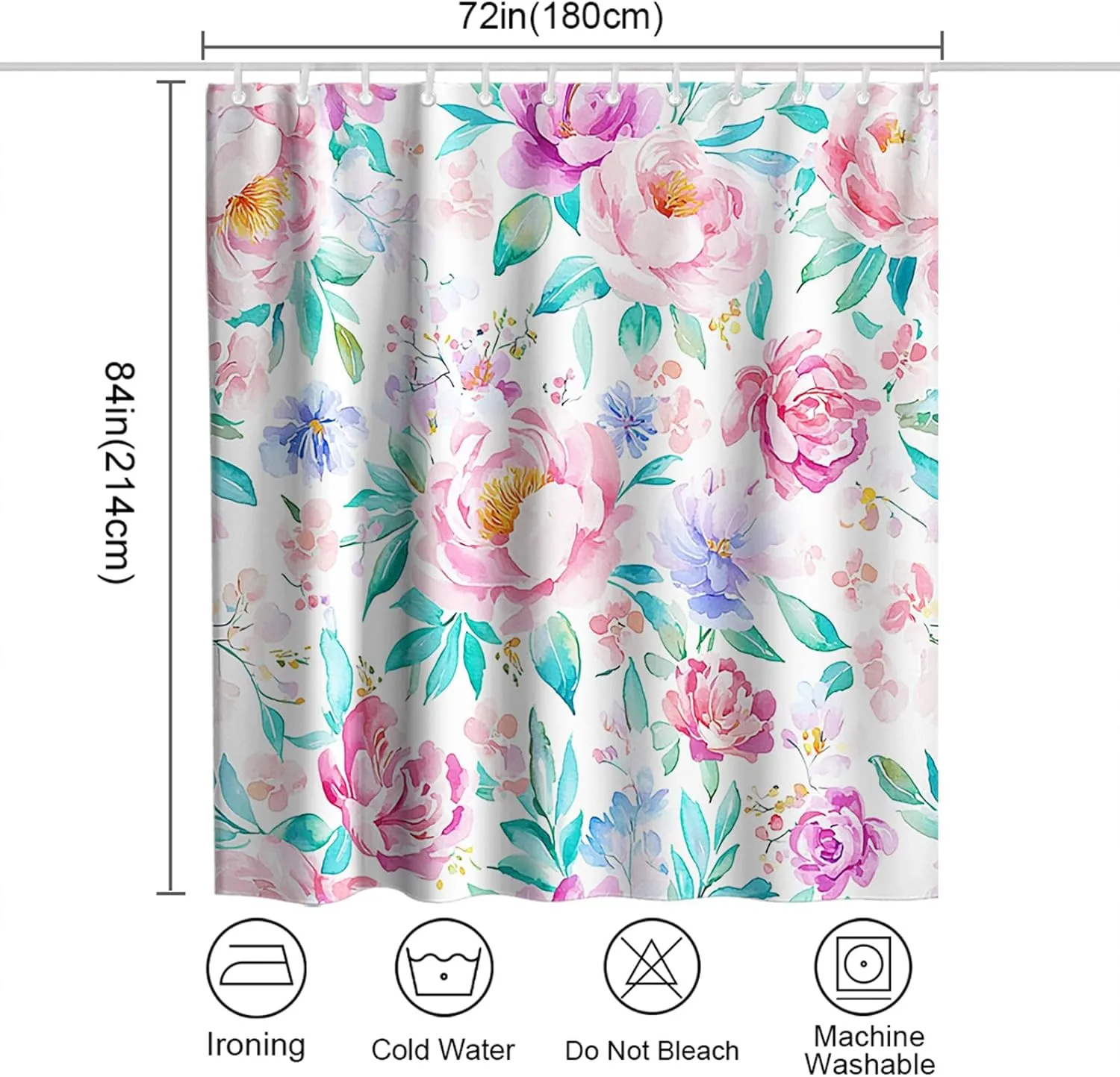 Farmhouse Floral Shower Curtain Watercolor Peony Design Rustic Shower Curtains for Bathroom Boho Spring Rose Plant Bath Curtains with Hooks 72" W X 84" H Pink