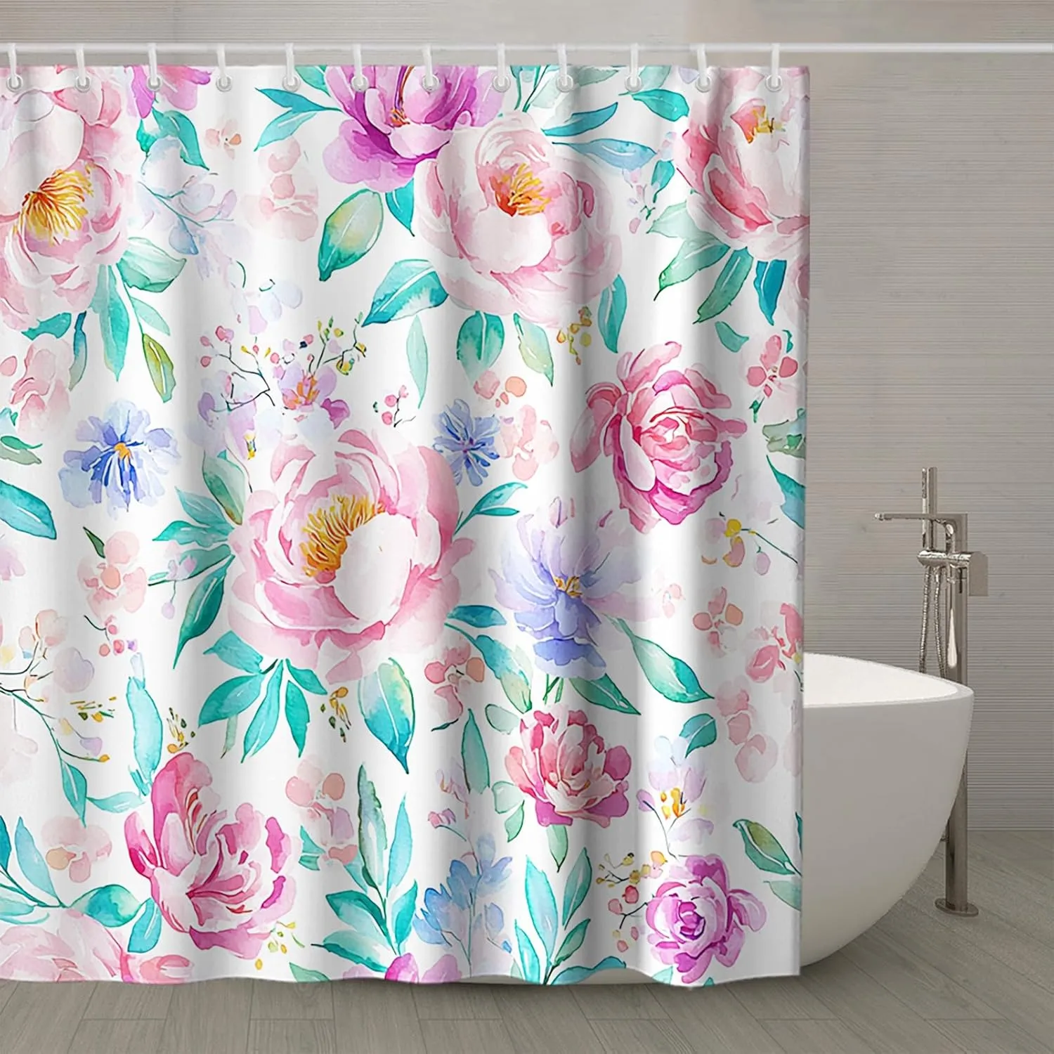 Farmhouse Floral Shower Curtain Watercolor Peony Design Rustic Shower Curtains for Bathroom Boho Spring Rose Plant Bath Curtains with Hooks 72" W X 84" H Pink