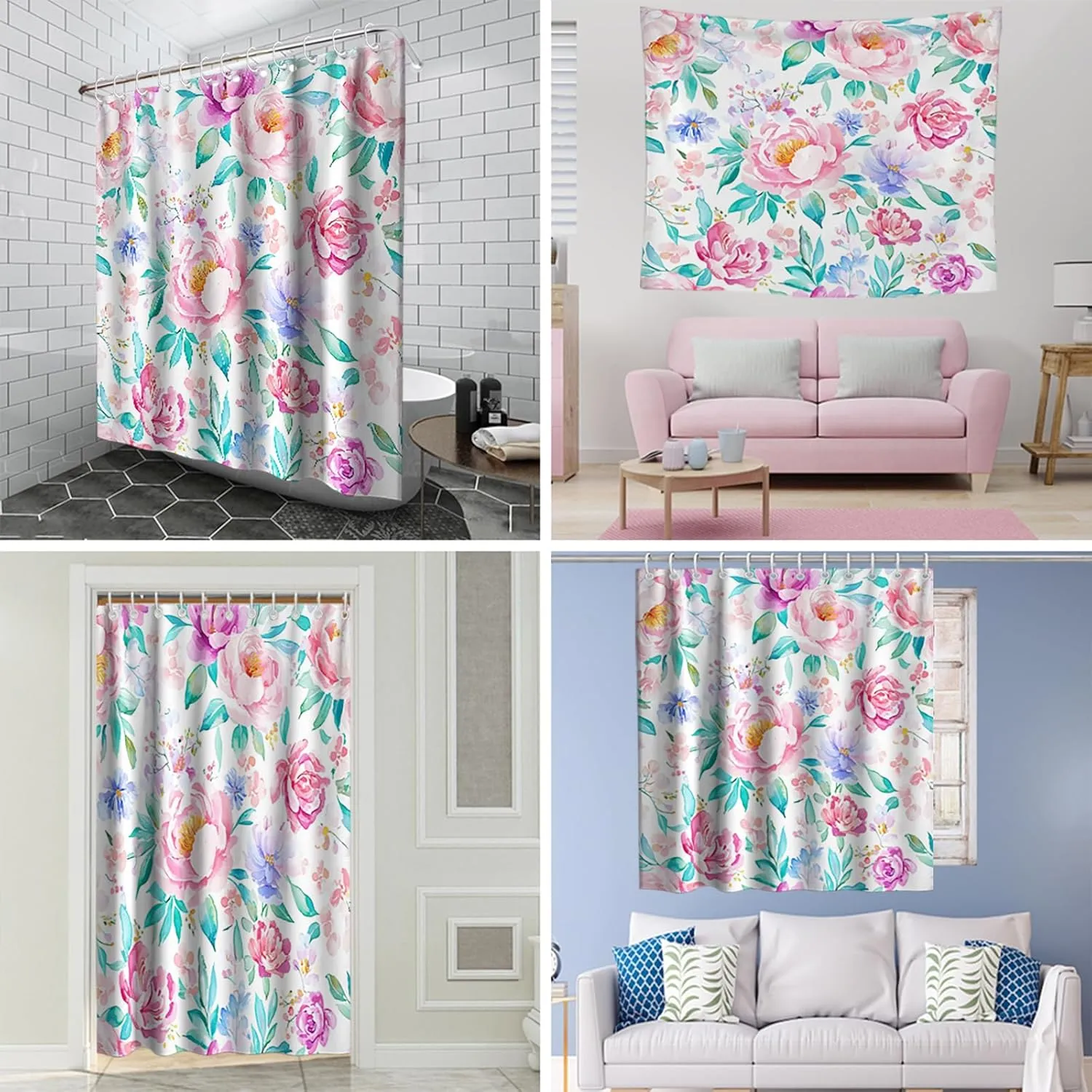 Farmhouse Floral Shower Curtain Watercolor Peony Design Rustic Shower Curtains for Bathroom Boho Spring Rose Plant Bath Curtains with Hooks 72" W X 84" H Pink