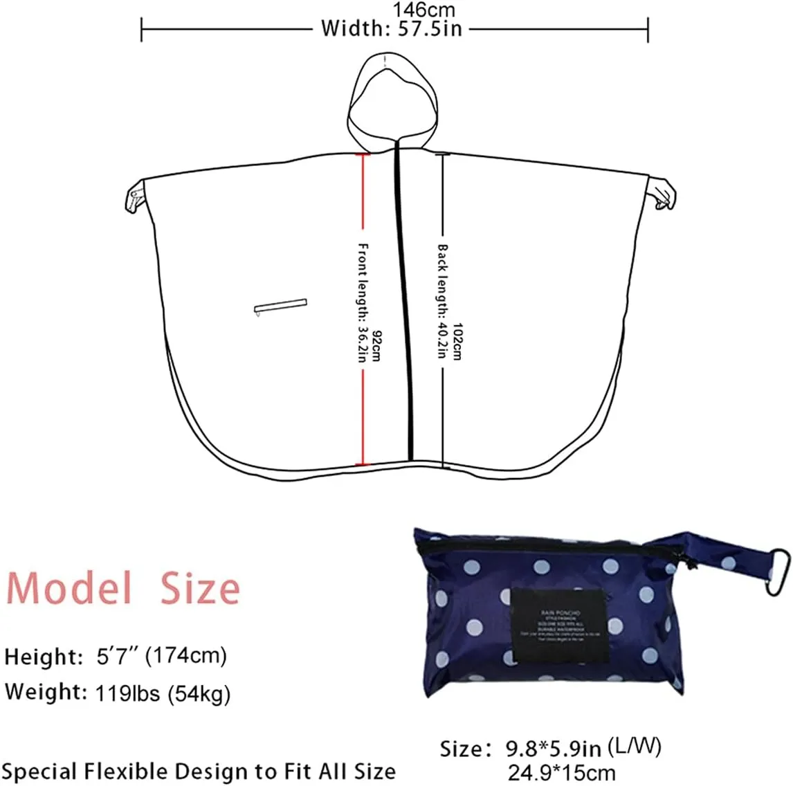 Fashion Hooded Rain Poncho Waterproof Raincoat Jacket with pocket for Women/Men/Adult