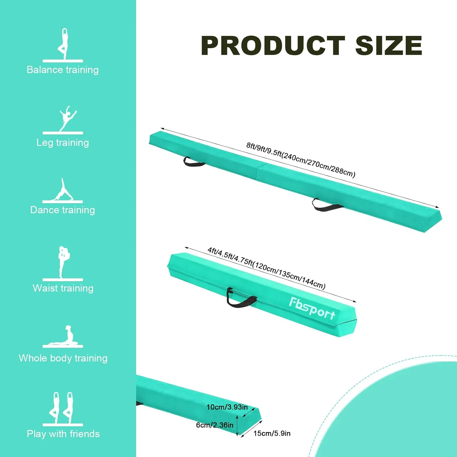 FBSPORT 8ft/9ft/9.5/10ft Balance Beam: Folding Floor Gymnastics Equipment for Kids Adults,Non Slip Rubber Base, Gymnastics Beam for Training, Physical Therapy and Professional Home Training