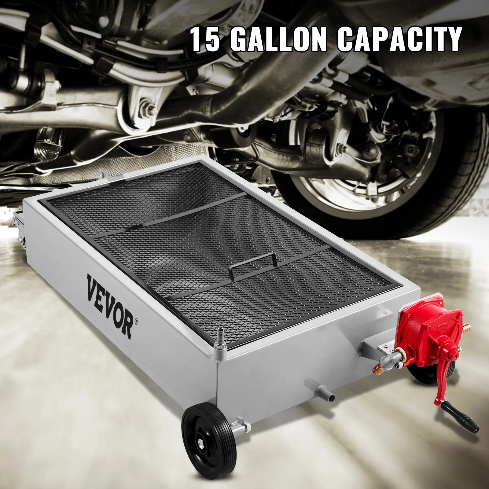 (FINAL PRICES ARE LOWER ON OUR SITE!) VEVOR Oil Drain Pan 15 Gallon Oil Drain Tank, 57L Low Profile Oil Drain Pan, Large Capacity Oil Change Pan, Foldable Hand, with Pump, Hose, Swivel Casters Wheels for Car, SUV, Trucks Oil Draining