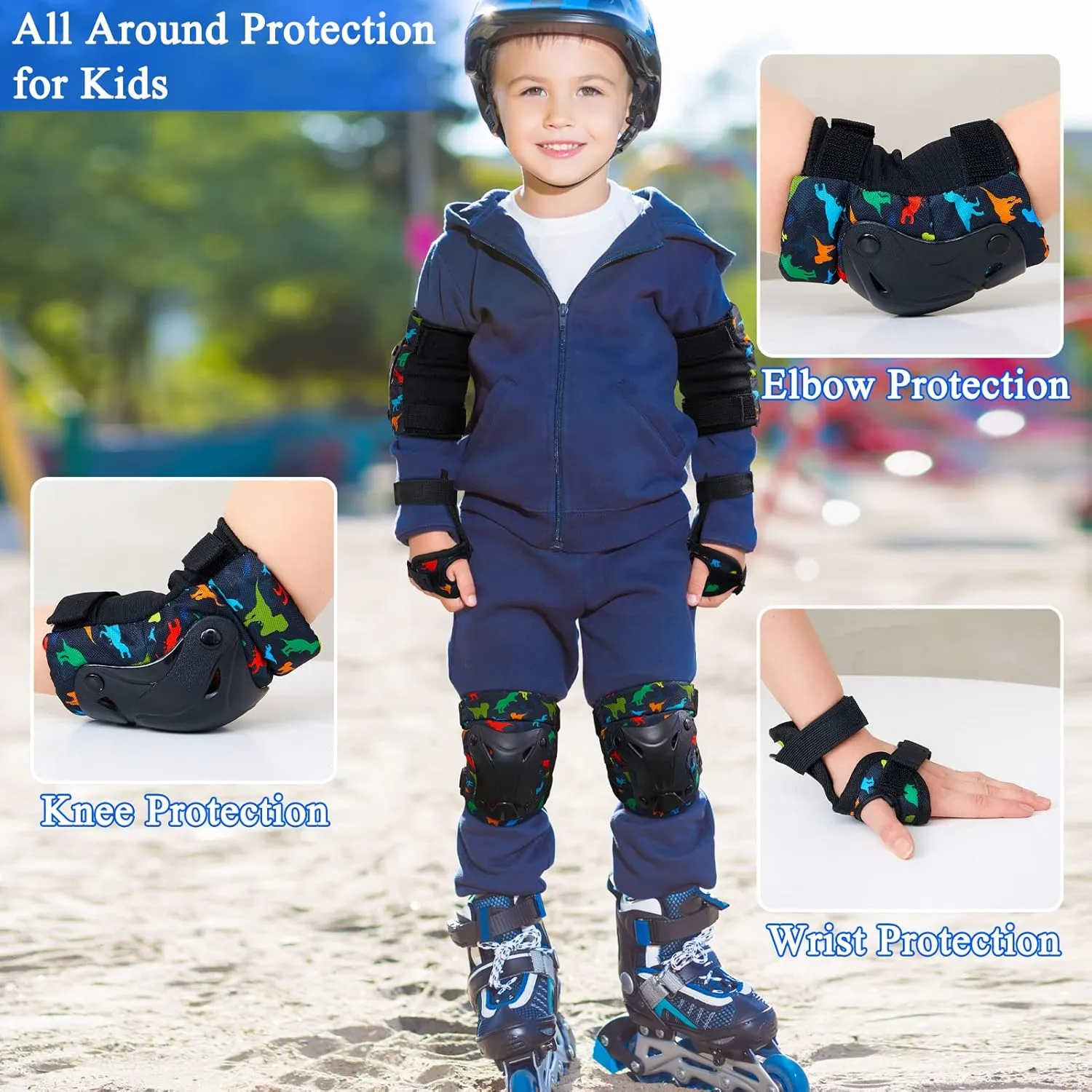 FIODAY Knee Pads for Kids Dinosaur Knee Elbow Pads Wrist Guards with Drawstring Bag Adjustable 7 in 1 Protective Gear Set for Boys Inline Skating Bike Cycling Skateboard Scooter, 3-8 Years, Black