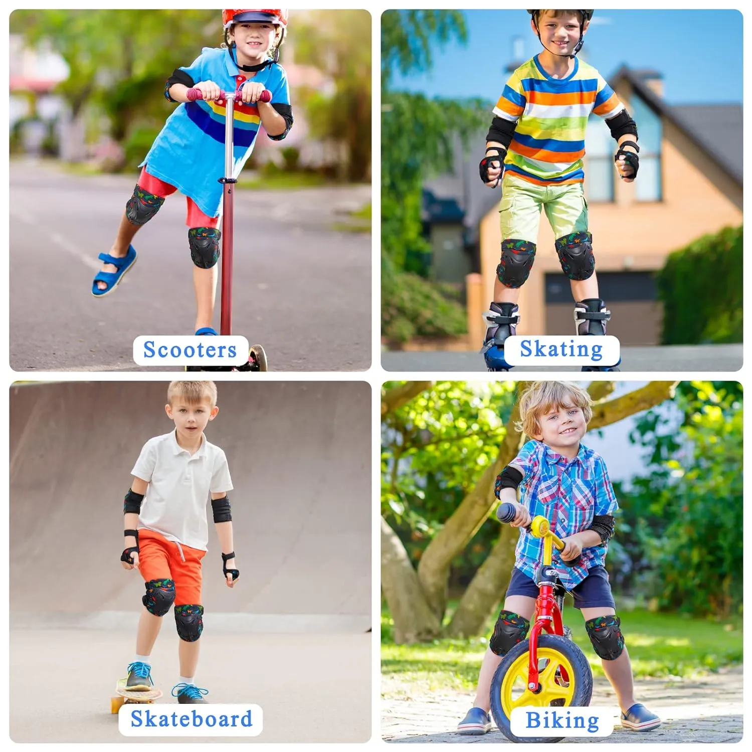 FIODAY Knee Pads for Kids Dinosaur Knee Elbow Pads Wrist Guards with Drawstring Bag Adjustable 7 in 1 Protective Gear Set for Boys Inline Skating Bike Cycling Skateboard Scooter, 3-8 Years, Black