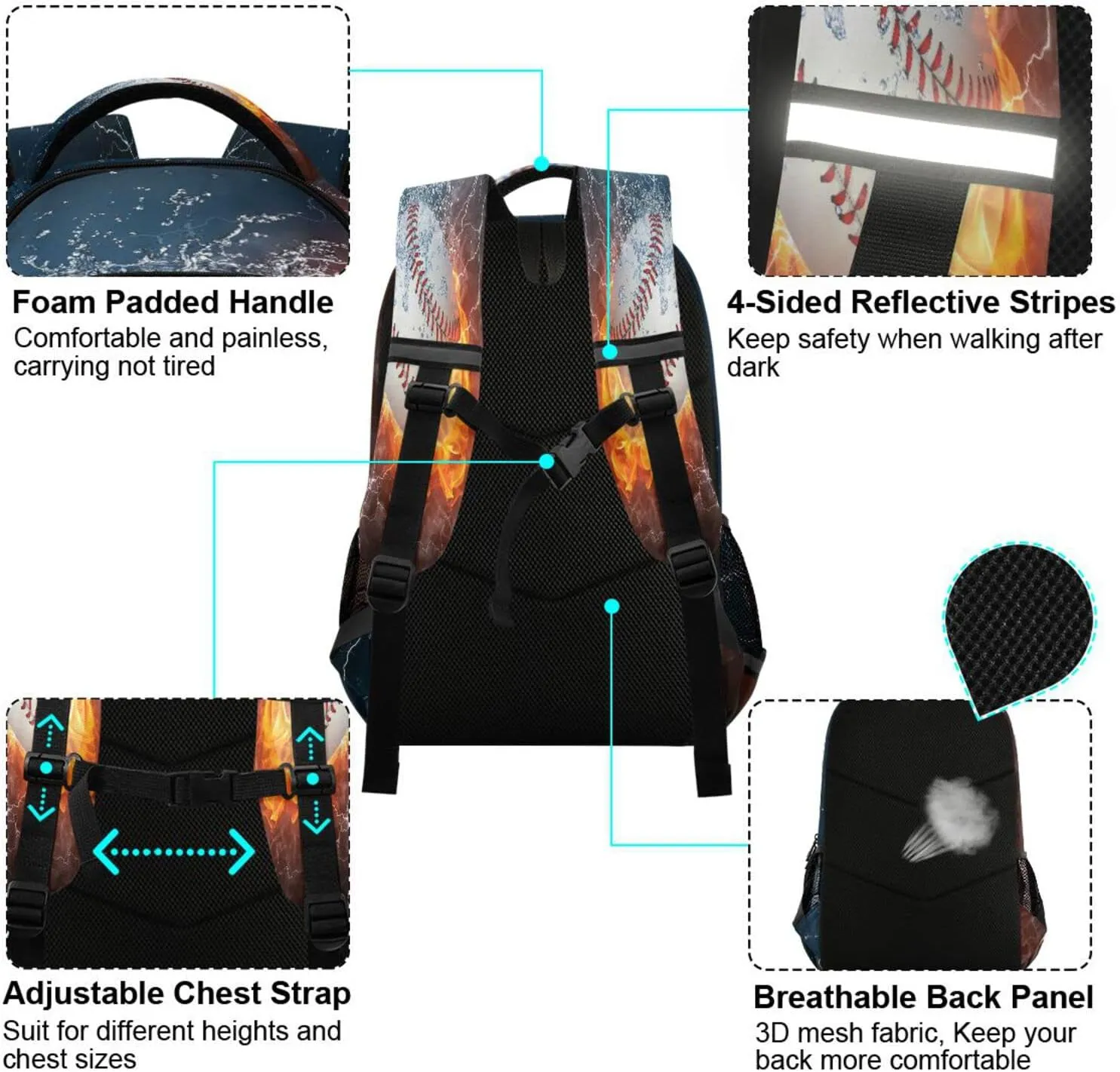 Fire Baseball School Backpack Lightweight Schoolbag Flame Ice Bookbag Laptop Notebook Casual Daypack for Boys Girls Adults
