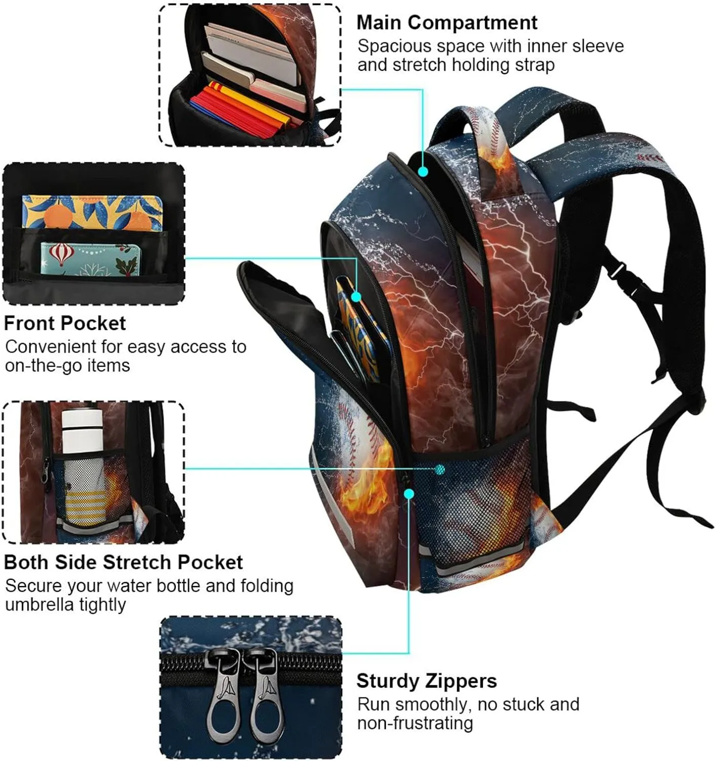 Fire Baseball School Backpack Lightweight Schoolbag Flame Ice Bookbag Laptop Notebook Casual Daypack for Boys Girls Adults
