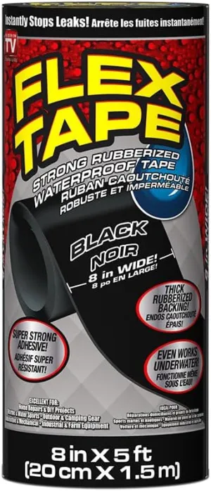 Flex Tape, Original Thick Flexible Rubberized Waterproof Tape - Seal and Patch Leaks, Works Underwater, Indoor Outdoor - Home RV Roof Plumbing and Pool Repairs, Black, 8 in x 5 ft, Pack of 1