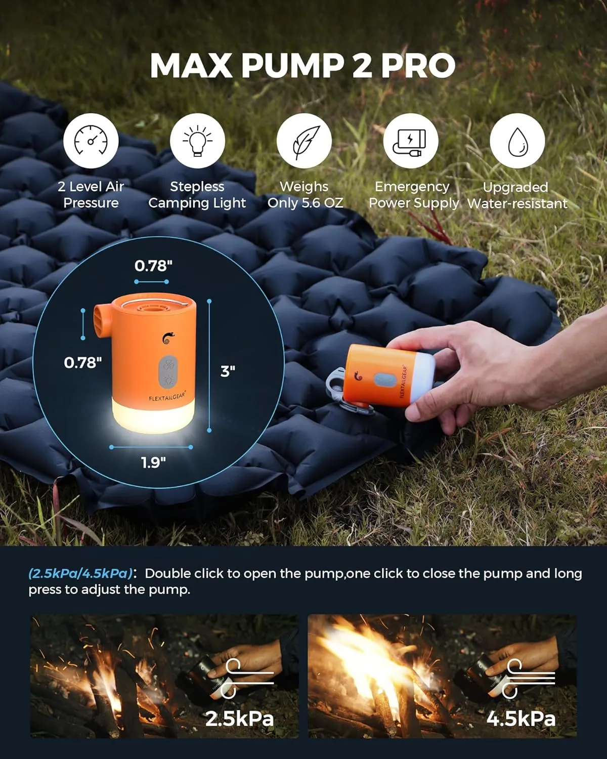 FLEXTAILGEAR 4.5kPa Air Pump for Inflatables, Portable Air Pump with Led Light, 3600 mAh Rechargeable Battery Air Mattress Pump Inflator Pump for Pool Floats Boats Sleeping Pads Inflatable Toys
