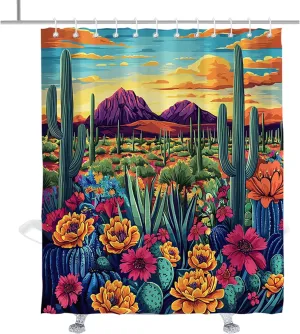 Floral Cactus Shower Curtain Art Cactus Blooms Wild Plants Neutral Shower Curtains Modern Funny Bathroom Decor Accessory with Hooks 72" W × 84" H