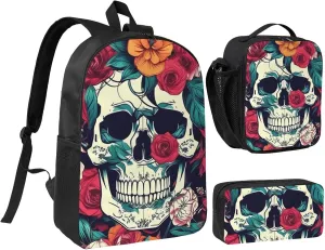 Flowers Skull Ornamental print 3PCS Backpack for Men Women Aesthetic 17 Inches Bookbag with Lunch Box Pencil Bag